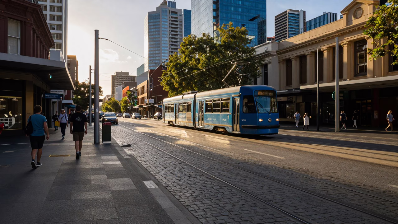 Late Afternoon Melbourne Street Scene with Tram and Urban Architecture in in Melbourne, Victoria, Australia