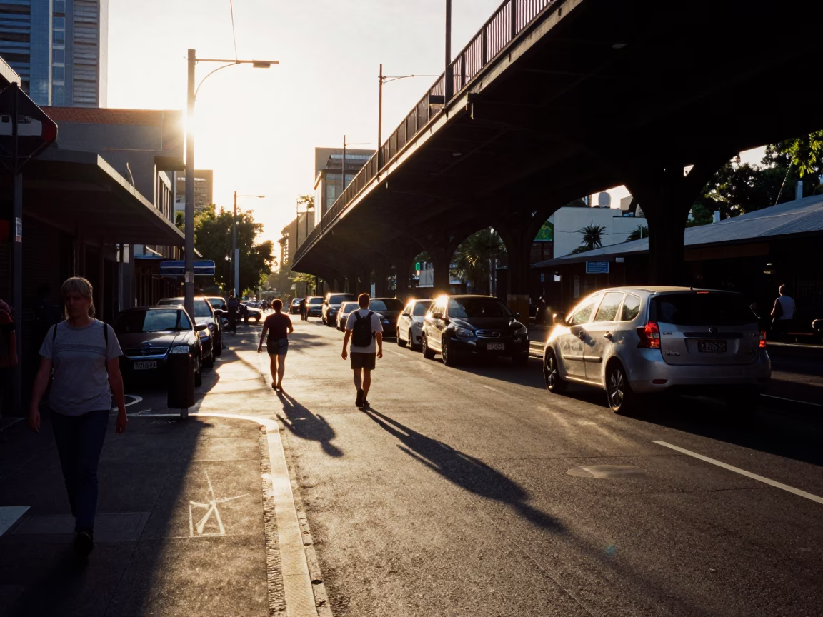 Late Afternoon Melbourne Street Scene with Viaduct Shadow and Allotment Gardens in in Melbourne, Victoria, Australia