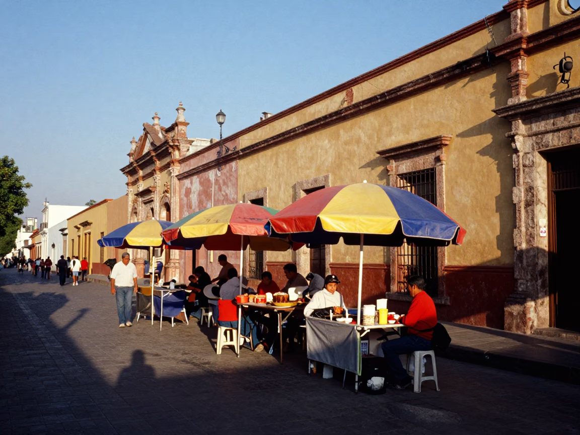 Late Afternoon Merida Mexico Street Scene with Umbrellas and Colonial Architecture in in Merida, Mexico