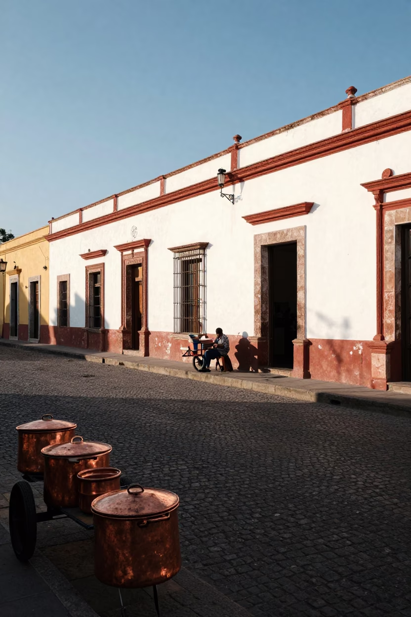 Late Afternoon Merida Street Scene with Copper Pots and Local Life in in Merida, Mexico