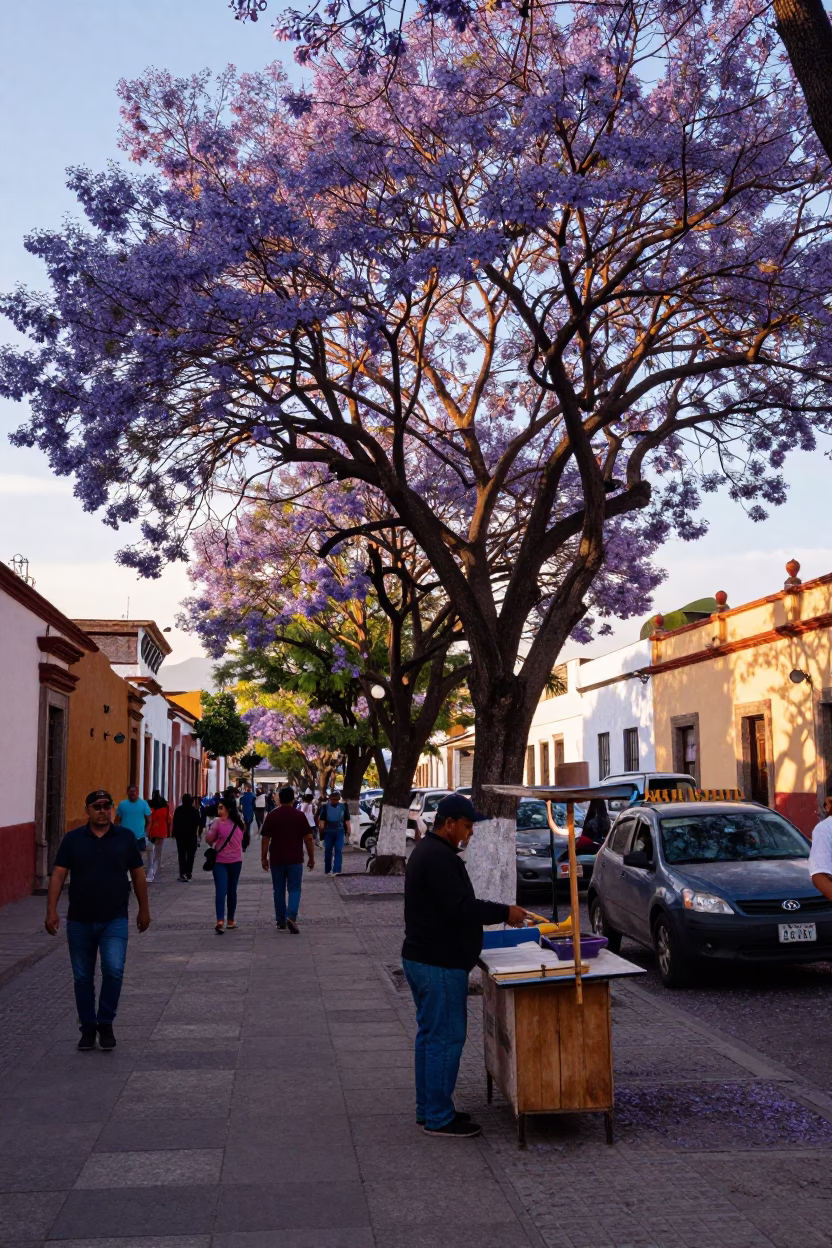 Late Afternoon Merida Street Scene with Jacaranda Tree and Local Market Activity in in Merida, Mexico