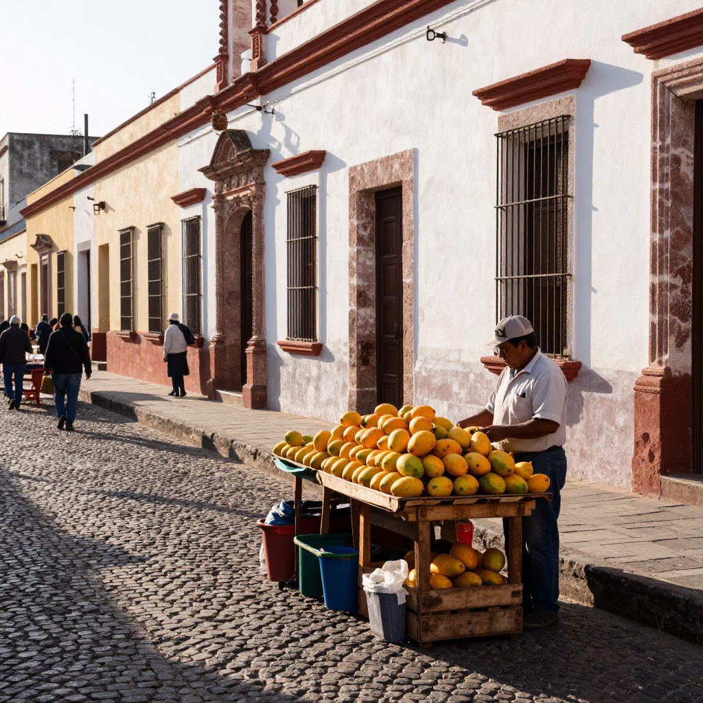 Late Afternoon Merida Street Scene with Mangoes and Traditional Market Atmosphere in in Merida, Mexico