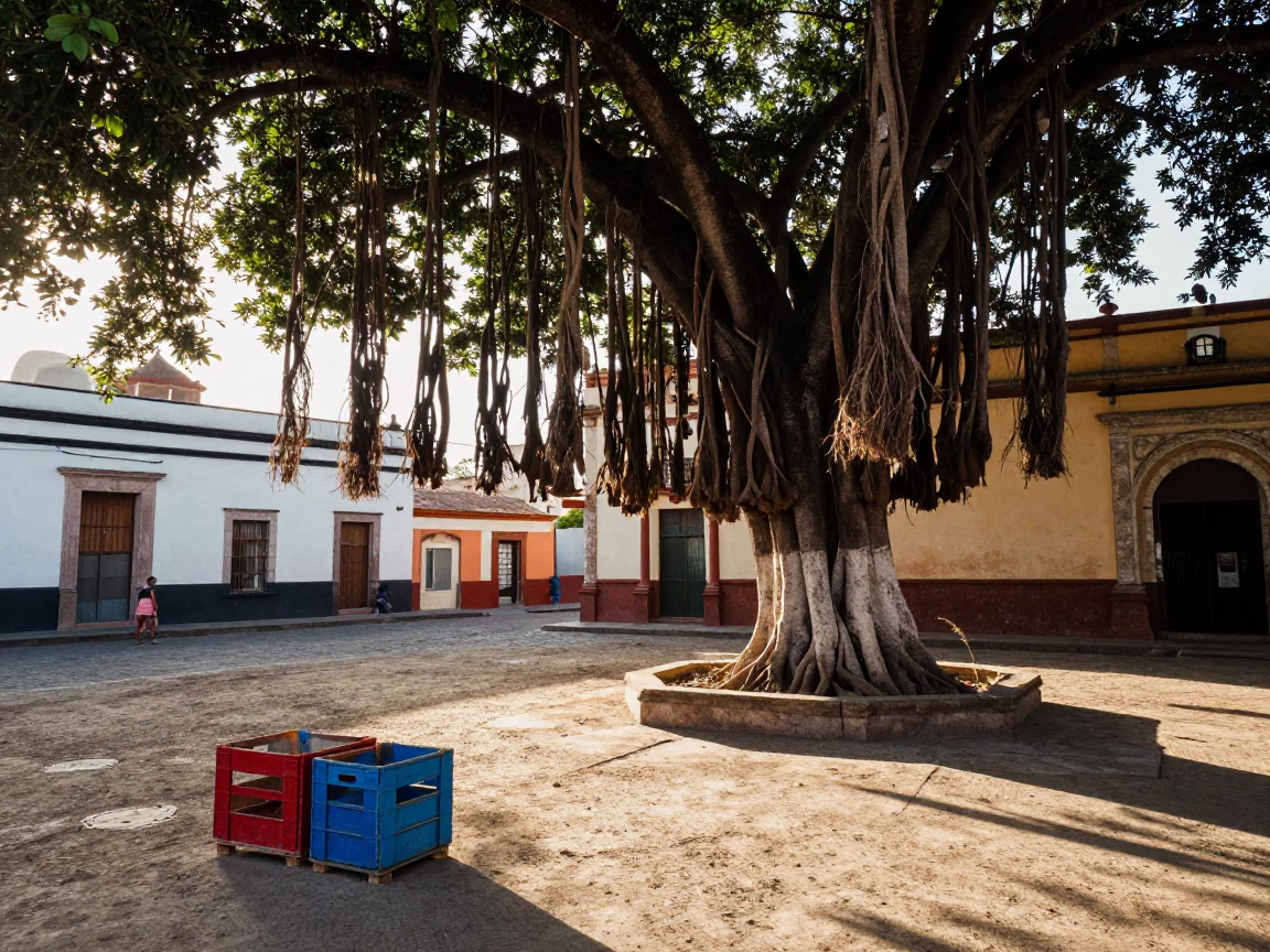 Late Afternoon Merida Street Scene with Painted Crate and Banyan Tree Roots in in Merida, Mexico