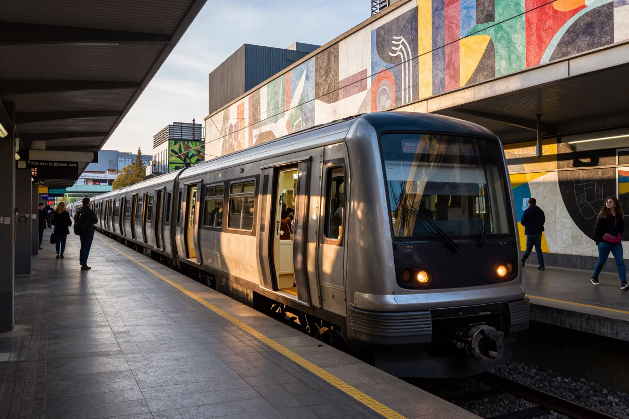 Late Afternoon Metro Train Arriving at Art Adorned Station in Bilbao Spain in in Bilbao, Spain