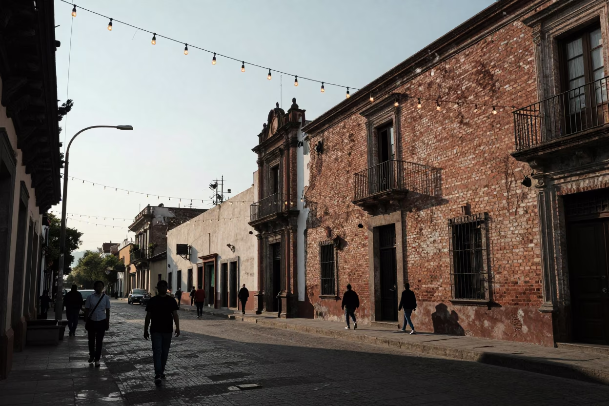 Late Afternoon Mexico City Street Scene with String Lights and Dented Metal in in Mexico City, Mexico