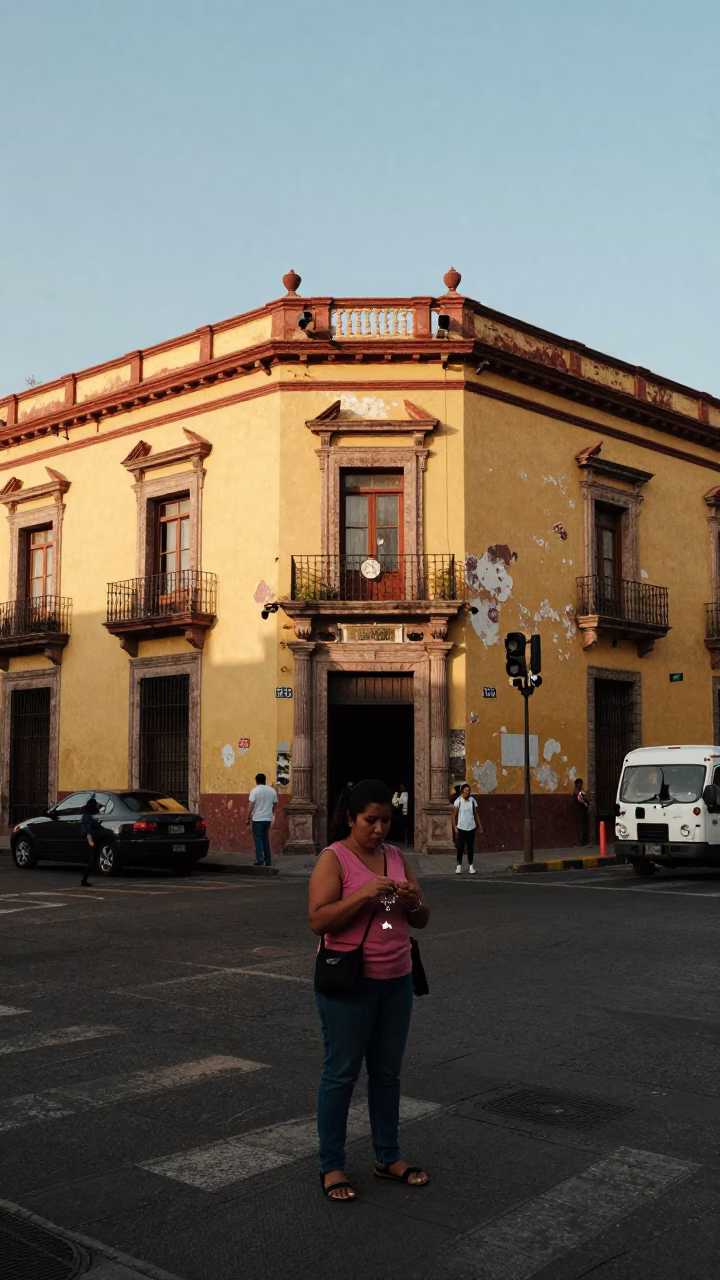 Late Afternoon Mexico City Street Scene with Woman Holding Charm Bracelet in in Mexico City, Mexico