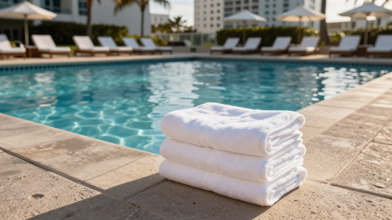 Late Afternoon Miami Florida Pool Deck with Stacked White Towels and Slippers Near Resort in in Miami, Florida, United States