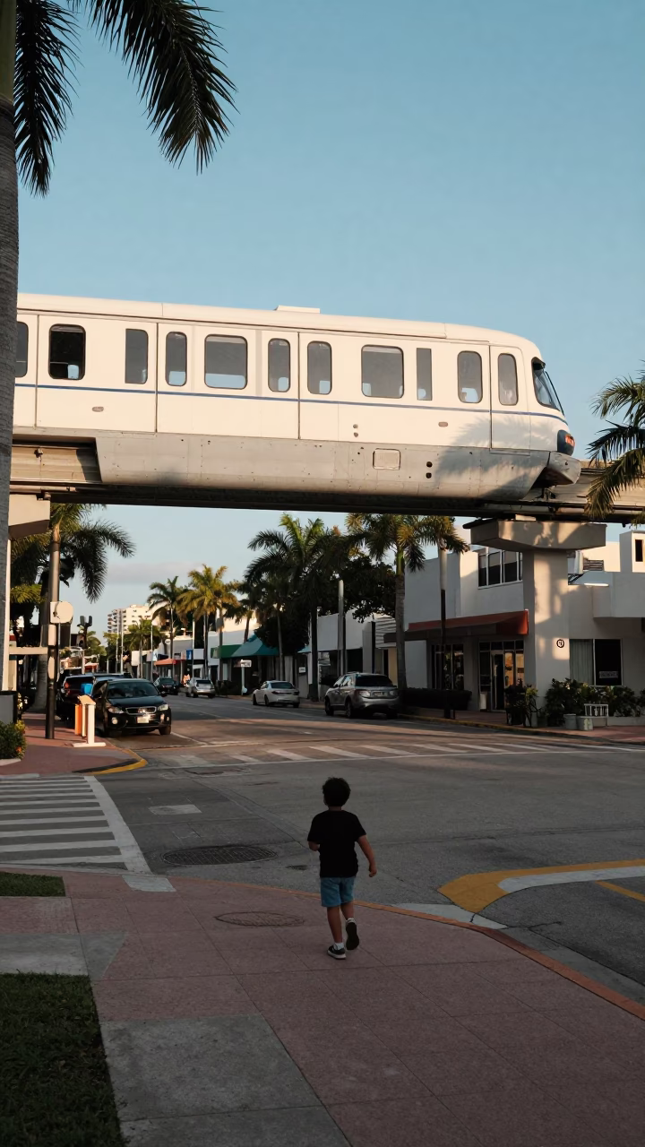 Late Afternoon Miami Florida Street Scene with Monorail and Child Flying Kite in in Miami, Florida, United States