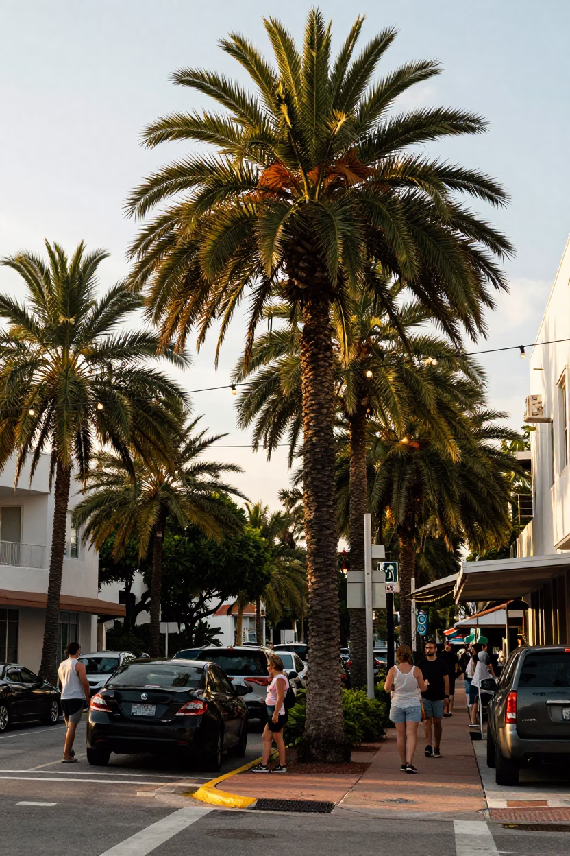 Late Afternoon Miami Florida Street Scene with String Lights and Window Boxes in in Miami, Florida, United States