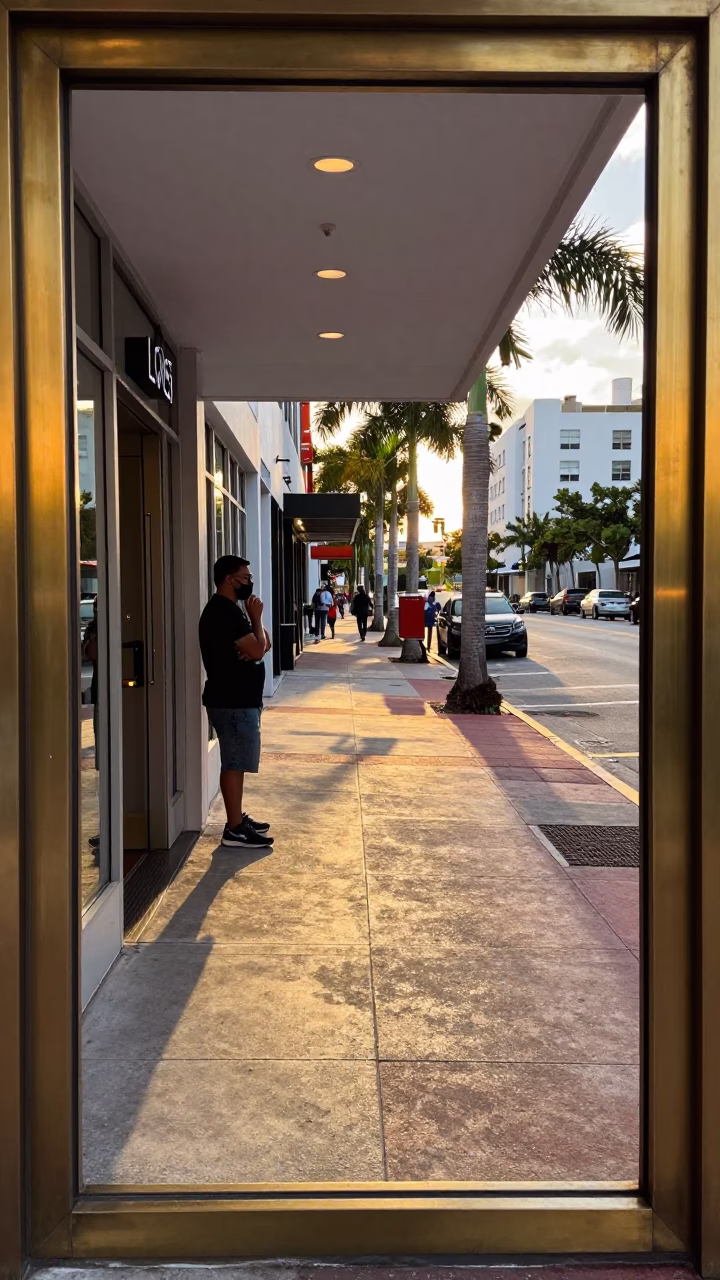 Late Afternoon Miami Street Scene with Polished Brass Frame and Heirloom Key Detail in in Miami, Florida, United States