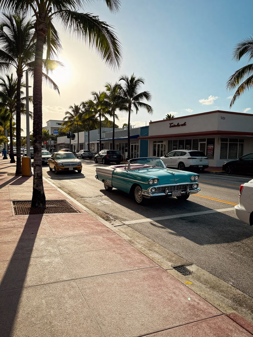 Late Afternoon Miami Street Scene with Vintage Cars and Local Commerce in in Miami, Florida, United States