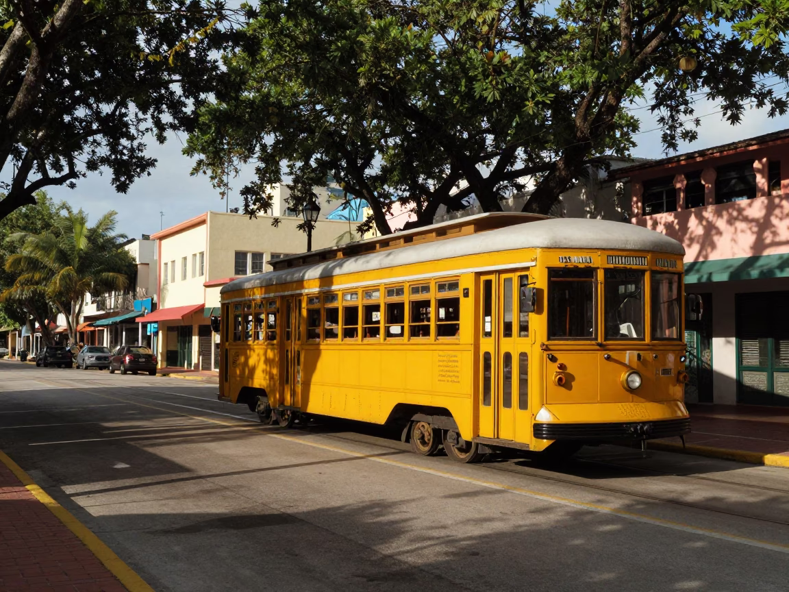 Late Afternoon Miami Street Scene with Vintage Trolley and Tree-Lined Avenue in in Miami, Florida, United States