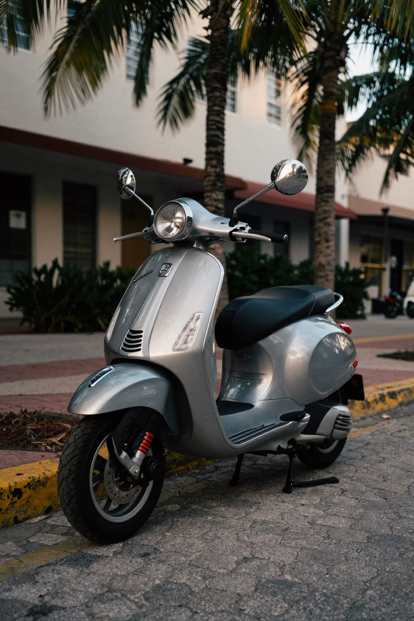 Late Afternoon Miami Street Scene with Vintage Vespa on Cobblestone Lane and Wicker Shadow in in Miami, Florida, United States