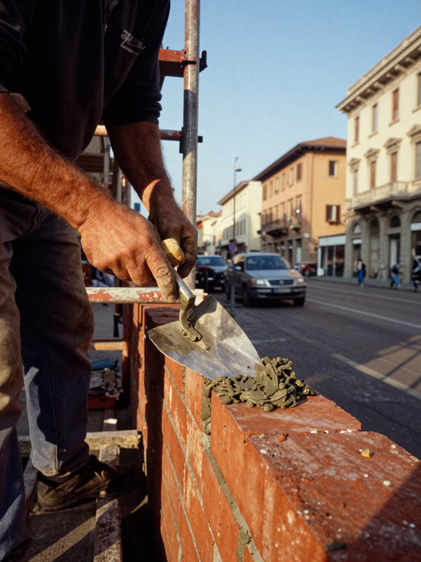 Late Afternoon Milan Street Scene with Mason Trowel Wet Mortar and Scaffold Construction Details in in Milan, Italy