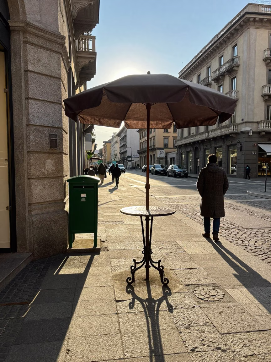 Late Afternoon Milan Street Scene with Umbrella Stand and Mailbox Near Duomo in in Milan, Italy