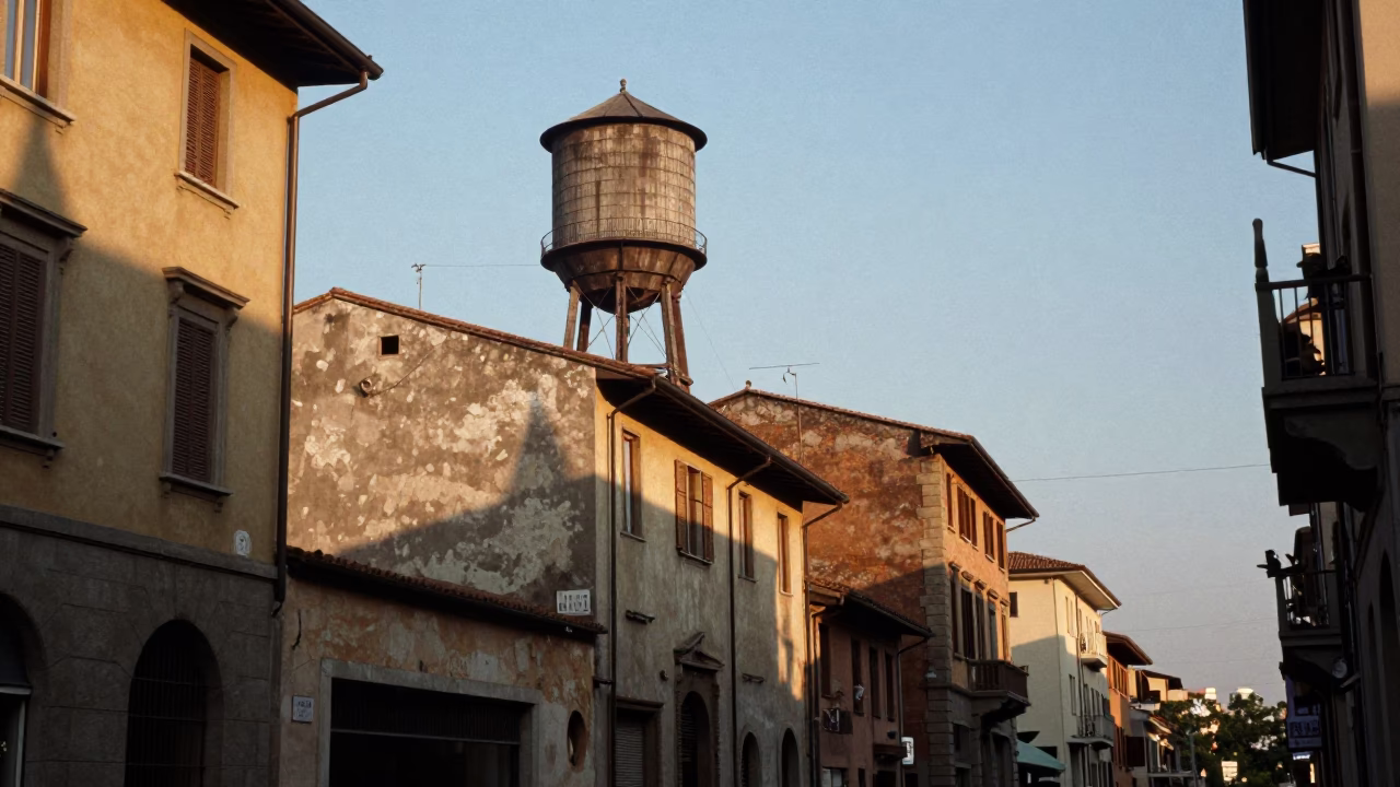 Late Afternoon Milan Street Scene with Water Tower and Rust Details in in Milan, Italy