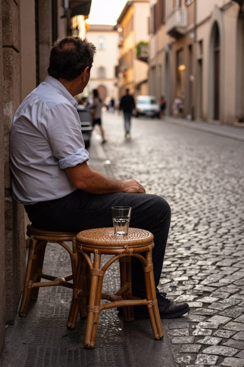 Late Afternoon Milanese Street Scene with Rattan Stool and Glass Tumbler in in Milan, Italy