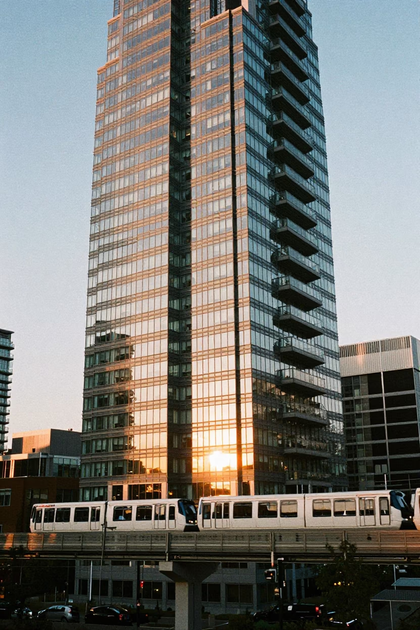 Late Afternoon Monorail Reflection in Vancouver Glass Skyscraper in in Vancouver, British Columbia, Canada