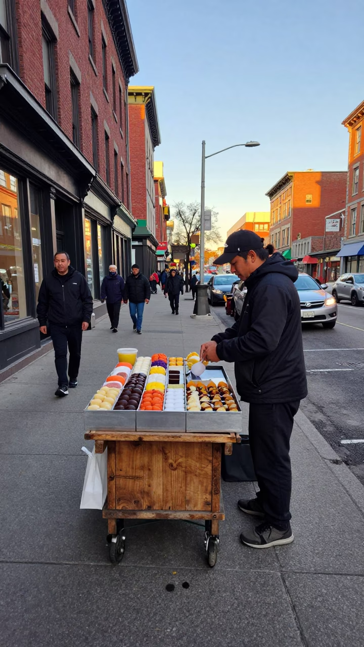 Late Afternoon Montreal Street Food Scene with Mochi and Acai Bowl in in Montreal, Quebec, Canada