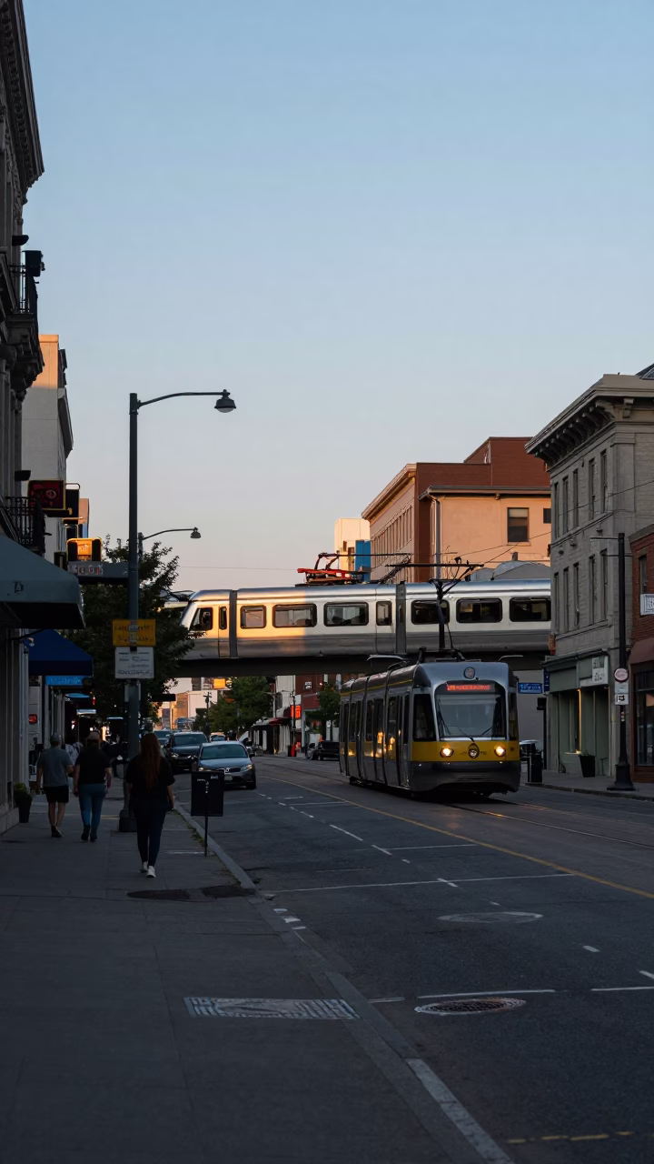 Late Afternoon Montreal Street Scene with Monorail and Urban River View in in Montreal, Quebec, Canada