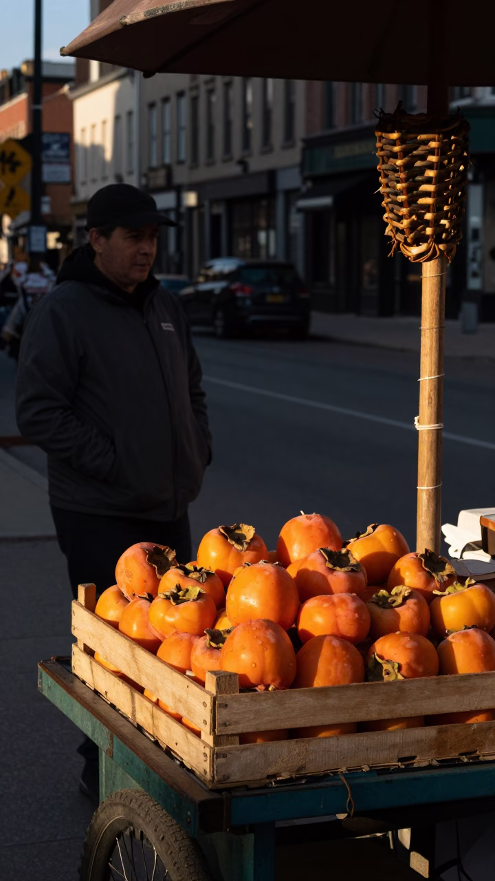 Late Afternoon Montreal Street Scene with Wicker Shadow and Persimmons in in Montreal, Quebec, Canada