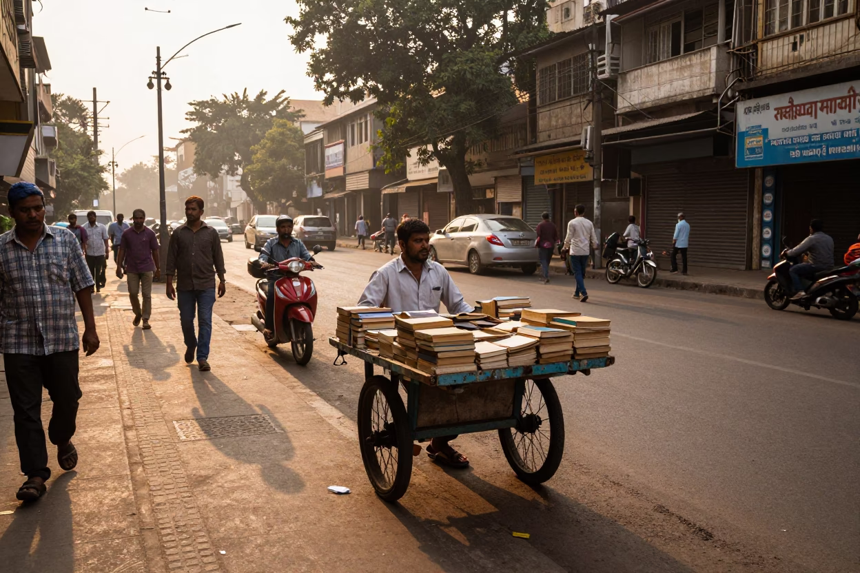 Late Afternoon Mumbai Street Scene with Books and Faded Linen Textiles in in Mumbai, India