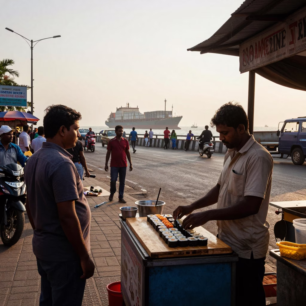 Late Afternoon Mumbai Street Scene with Cargo Ship Horizon and Local Life in in Mumbai, India