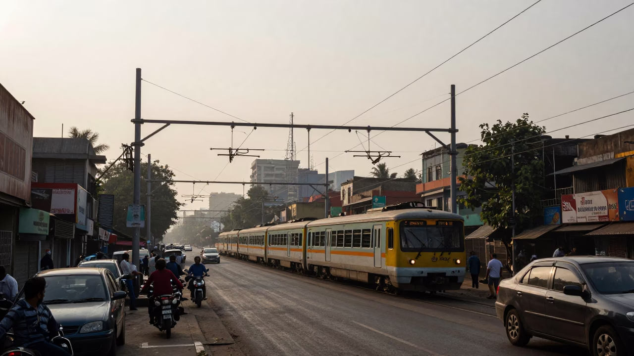 Late Afternoon Mumbai Street Scene with Catenary Wires and Industrial Fog in in Mumbai, India