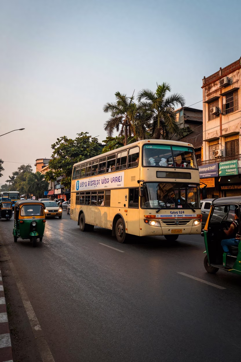 Late Afternoon Mumbai Street Scene with Double Decker Bus and Urban Activity in in Mumbai, India