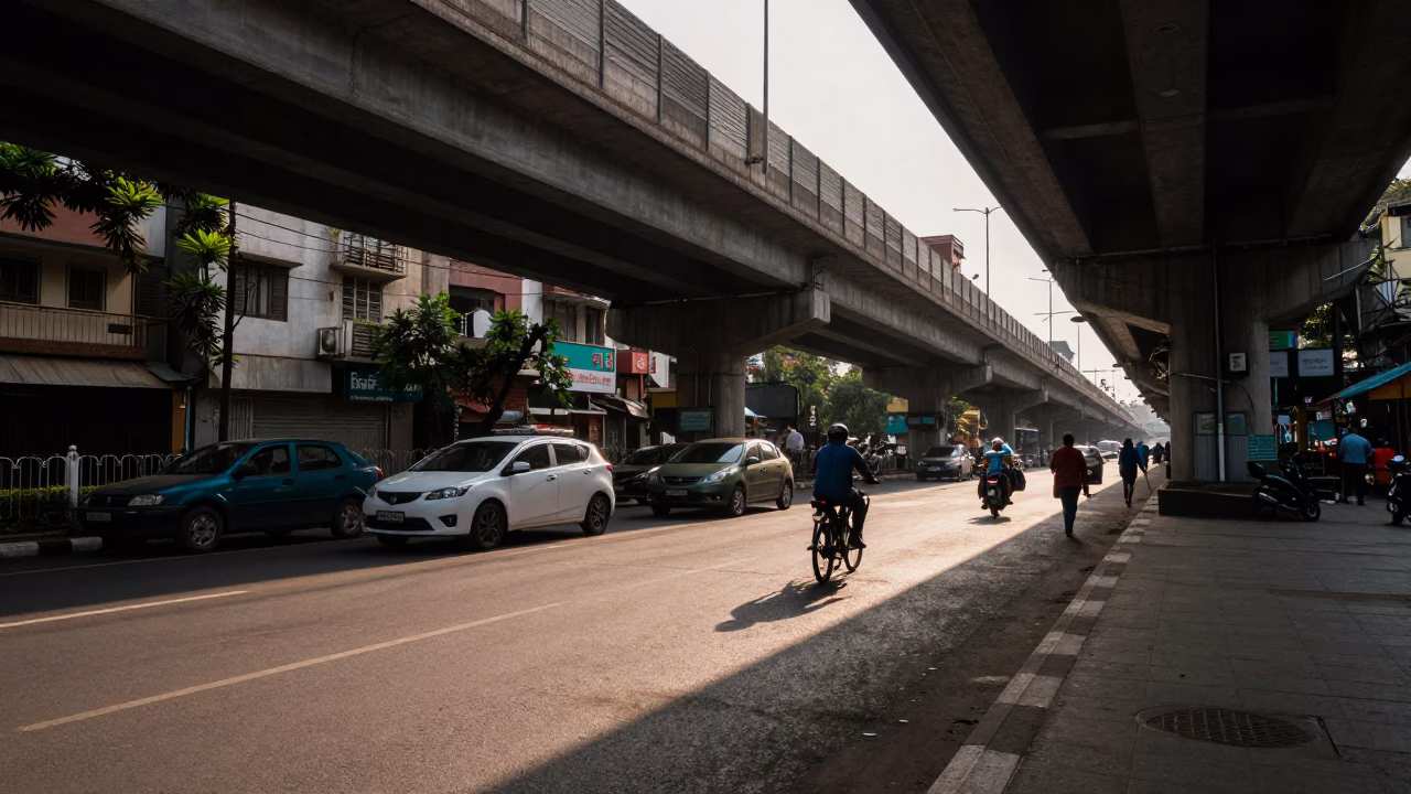 Late Afternoon Mumbai Street Scene with Flyover Shadows and Brass Accents in in Mumbai, India