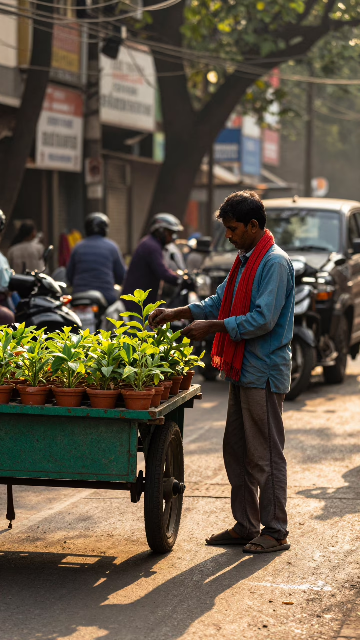 Late Afternoon Mumbai Street Scene with Scarf and Plant Pot in in Mumbai, India