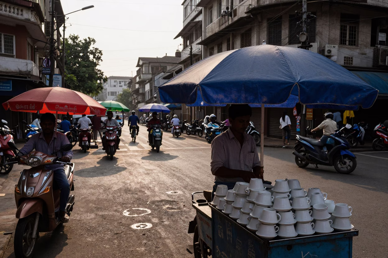Late Afternoon Mumbai Street Scene with Umbrellas and Heritage Elements in in Mumbai, India