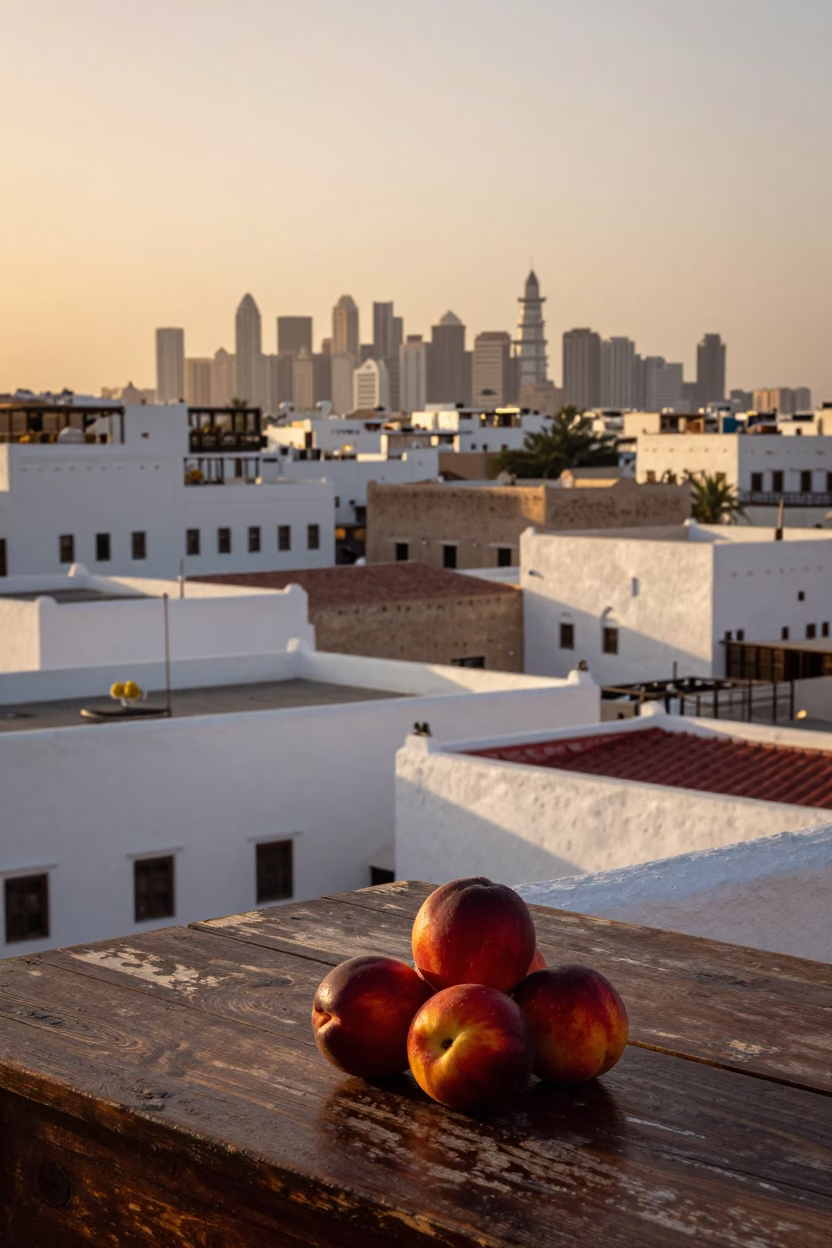 Late Afternoon Muscat Horizon View with Nectarines and Traditional Architecture in in Muscat, Oman