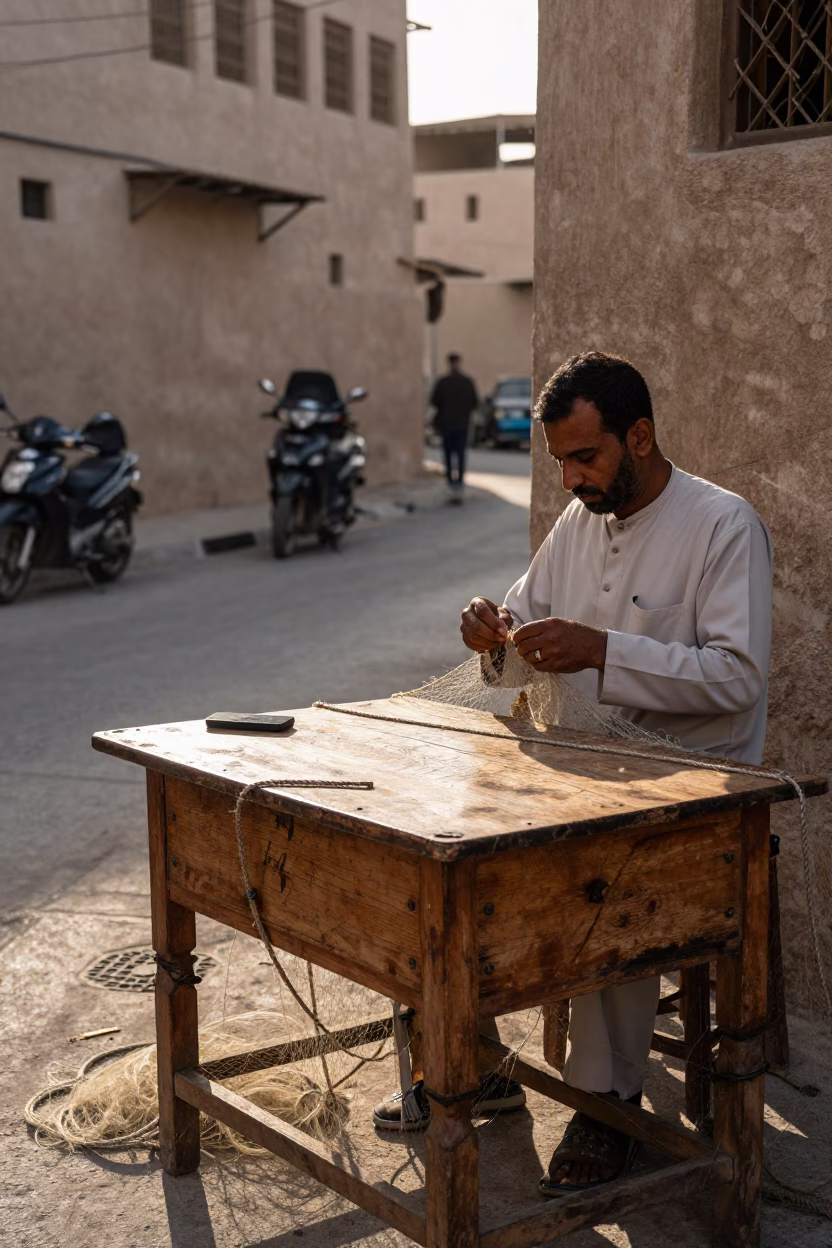 Late Afternoon Muscat Street Scene with Frayed Rope and Wooden Table Details in in Muscat, Oman