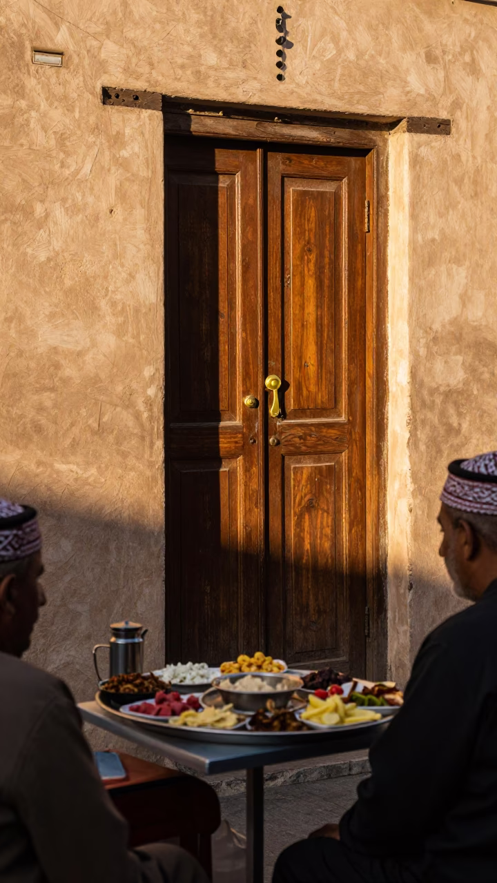 Late Afternoon Muscat Street Scene with Mezze Platter and Latch Detail in in Muscat, Oman