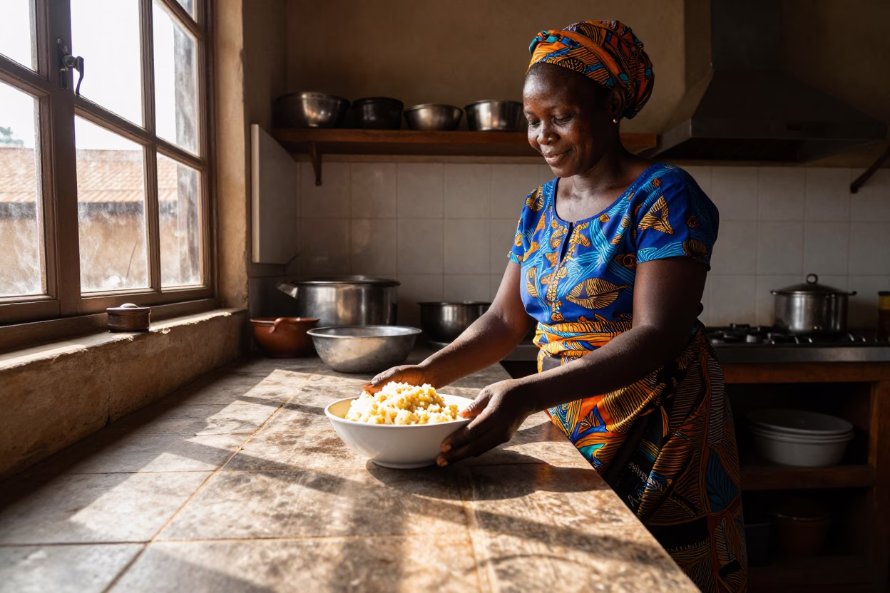 Late Afternoon Nairobi Kitchen Scene with Ugali and Sukuma Wiki in Modern Home in in Nairobi, Kenya