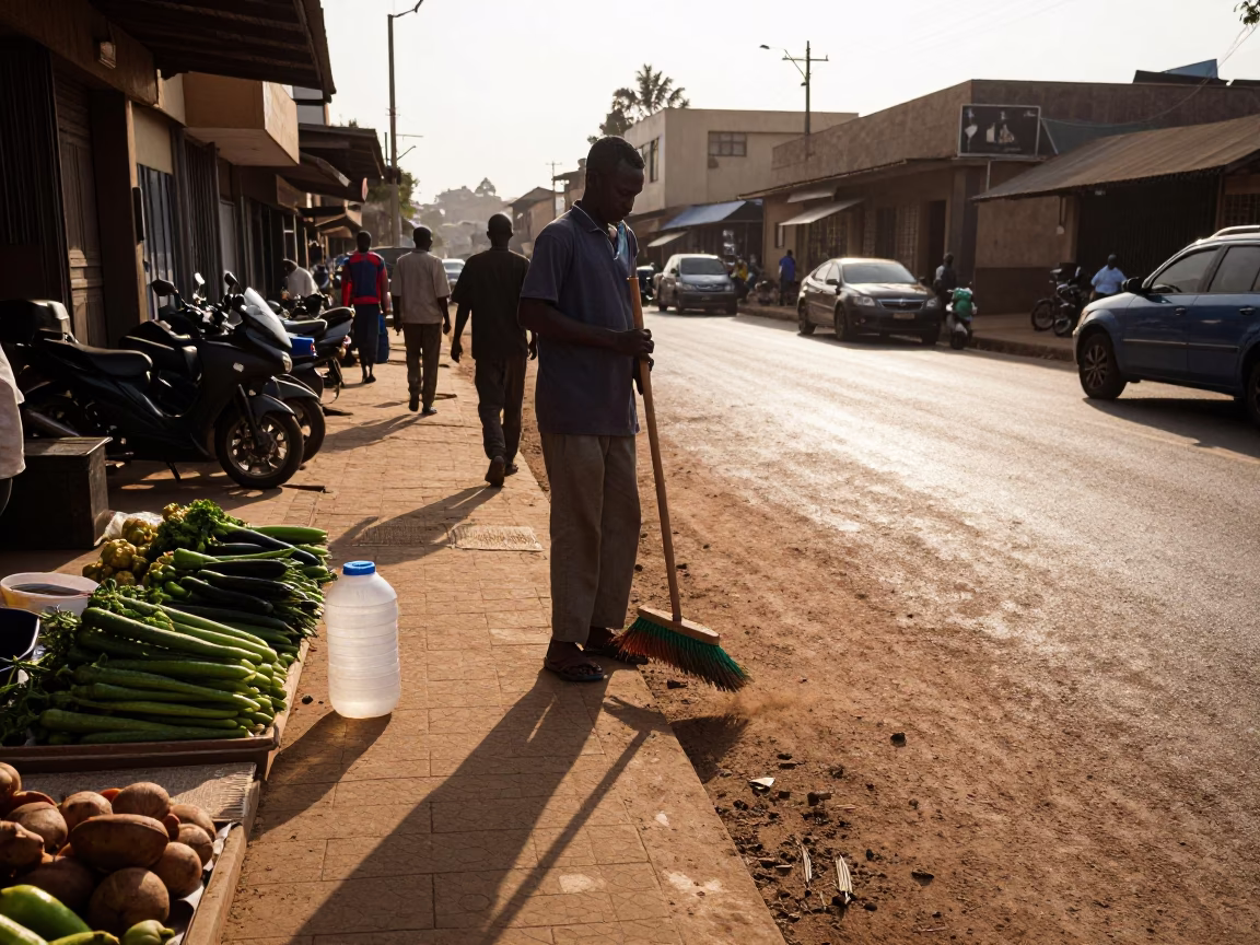 Late Afternoon Nairobi Street Scene with Hand Broom and Drinking Vessel on Busy Sidewalk in in Nairobi, Kenya
