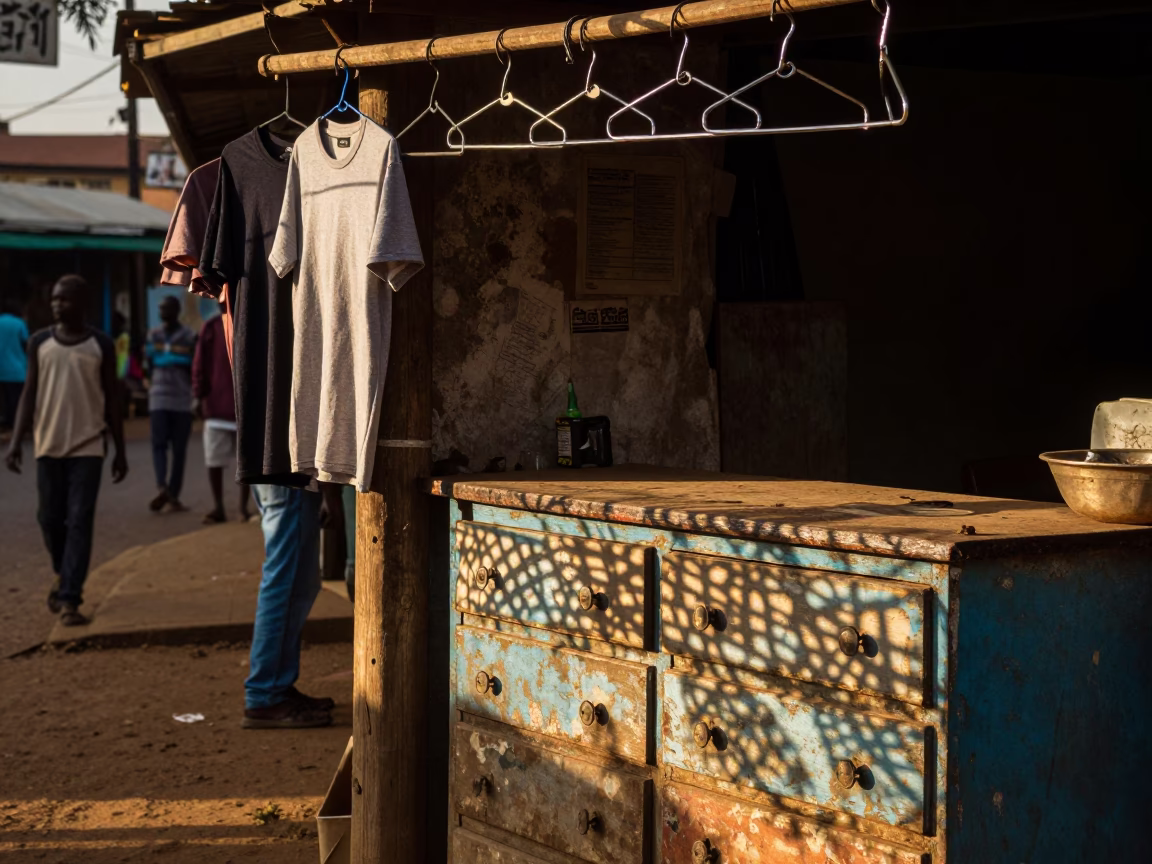 Late Afternoon Nairobi Street Scene with Hanging Shirt Hangers and Wicker Shadows in in Nairobi, Kenya