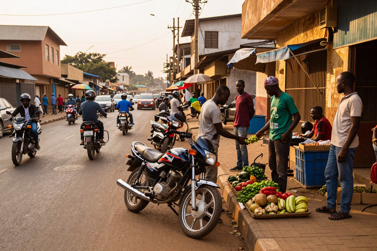Late Afternoon Nairobi Street Scene with Motorbike and Local Market Activity in in Nairobi, Kenya