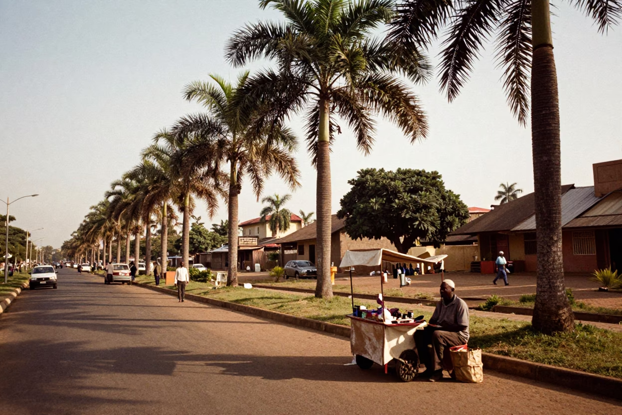 Late Afternoon Nairobi Street Scene with Palm Trees and Local Market Activity in in Nairobi, Kenya