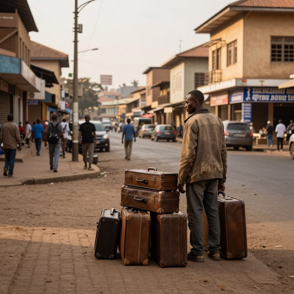 Late Afternoon Nairobi Street Scene with Suitcases and Local Commerce in in Nairobi, Kenya