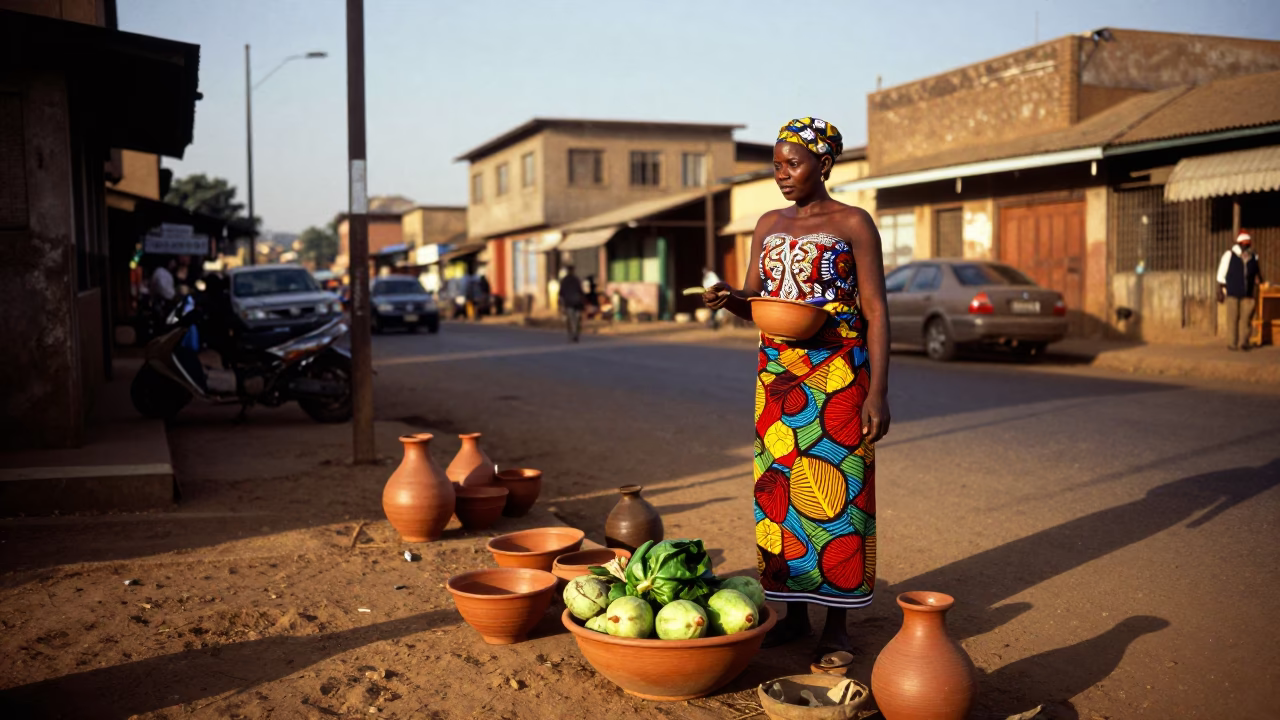Late Afternoon Nairobi Street Scene with Traditional Pottery and Local Commerce in in Nairobi, Kenya