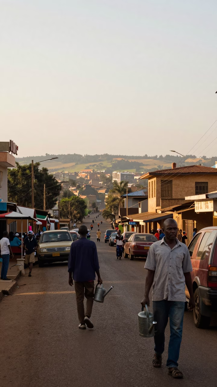 Late Afternoon Nairobi Street Scene with Watering Can and Blueberry Vendor in in Nairobi, Kenya