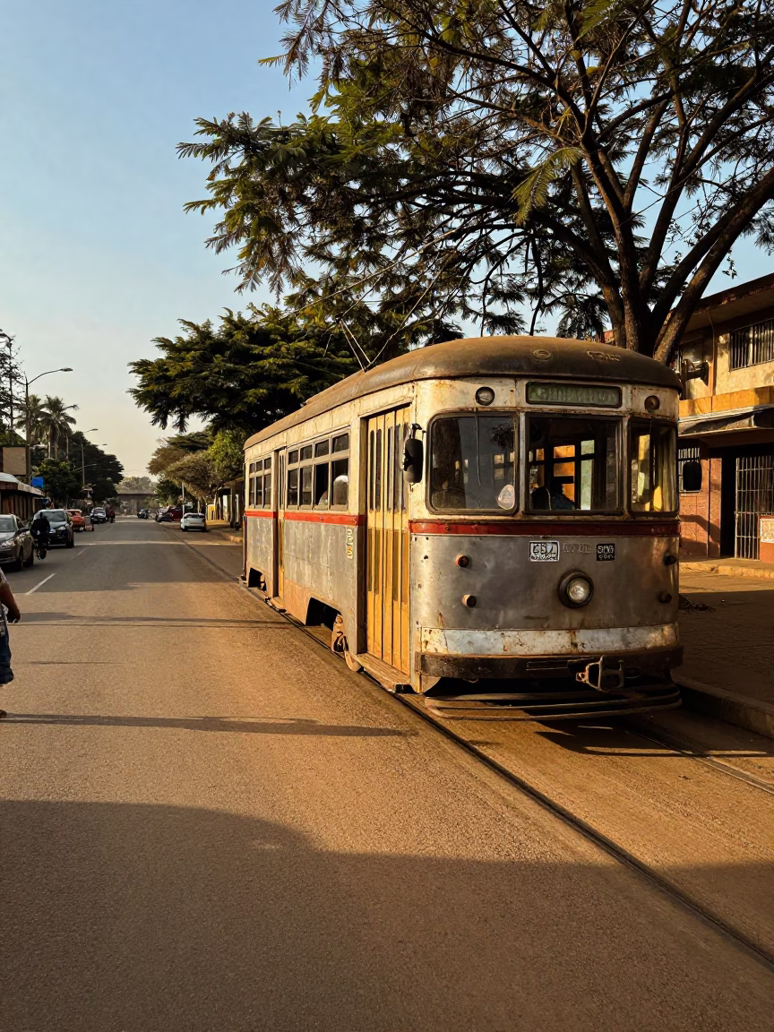 Late Afternoon Nairobi Street Scene with Worn Trolley and Tree-Lined Avenue in in Nairobi, Kenya