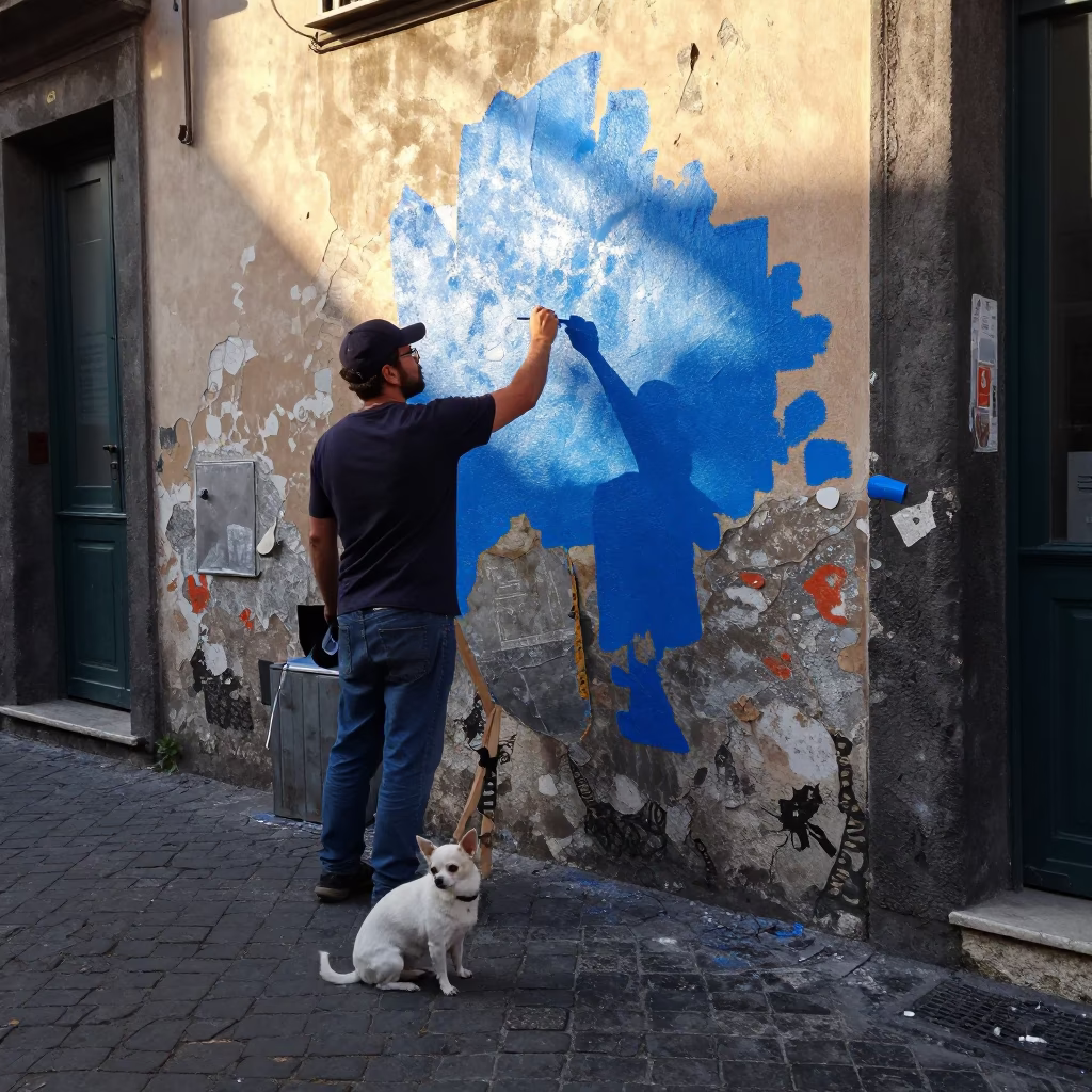 Late Afternoon Naples Street Scene with Artist Painting Mural and Local Life in in Naples, Italy