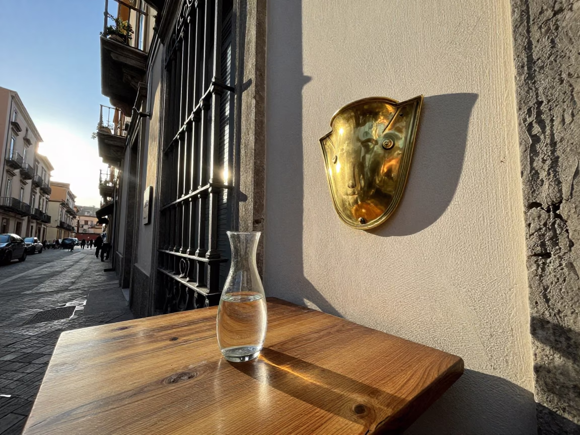 Late Afternoon Naples Street Scene with Brass Escutcheon and Carafe on Local Table in in Naples, Italy