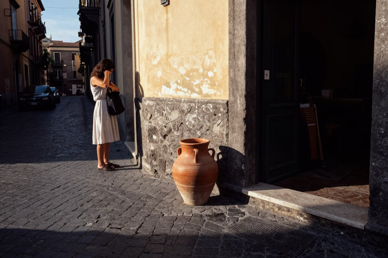 Late Afternoon Naples Street Scene with Clay Pot and Heirloom Key in in Naples, Italy