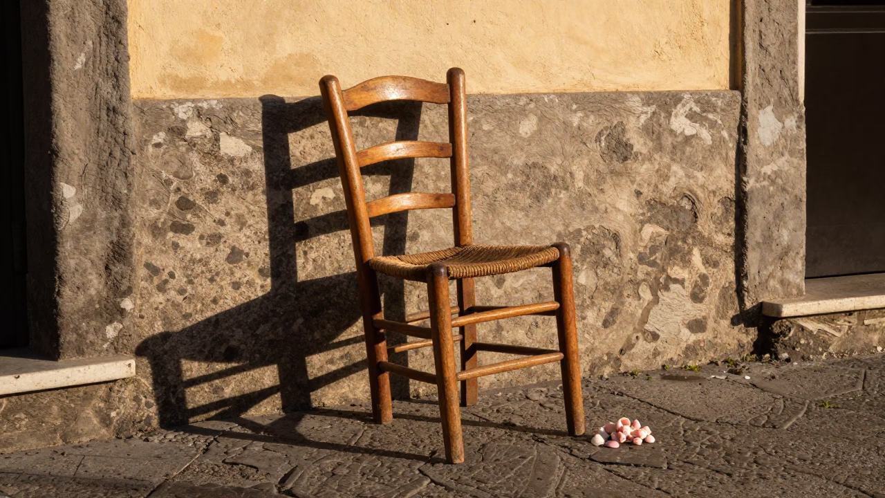 Late Afternoon Naples Street Scene with Ladder-Back Chair and Seashells in in Naples, Italy