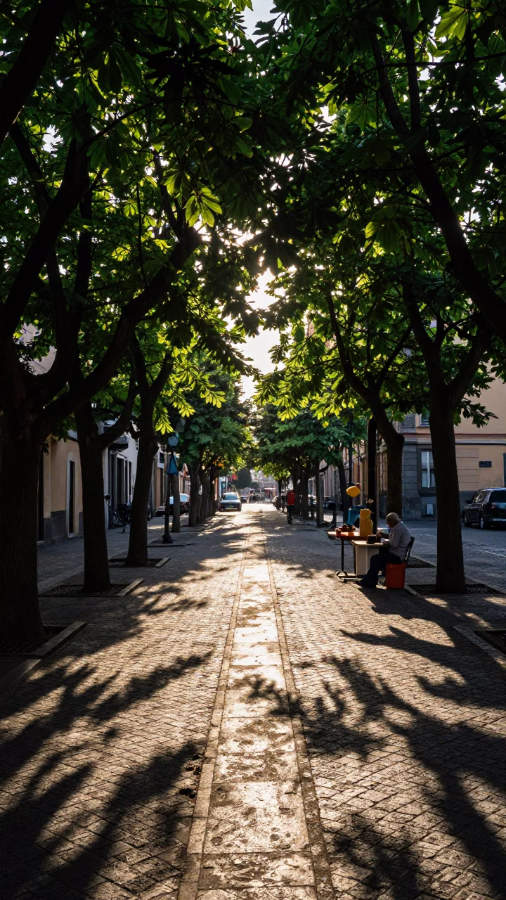 Late Afternoon Naples Street Scene with Leaf Shadows and Casual Dining in in Naples, Italy