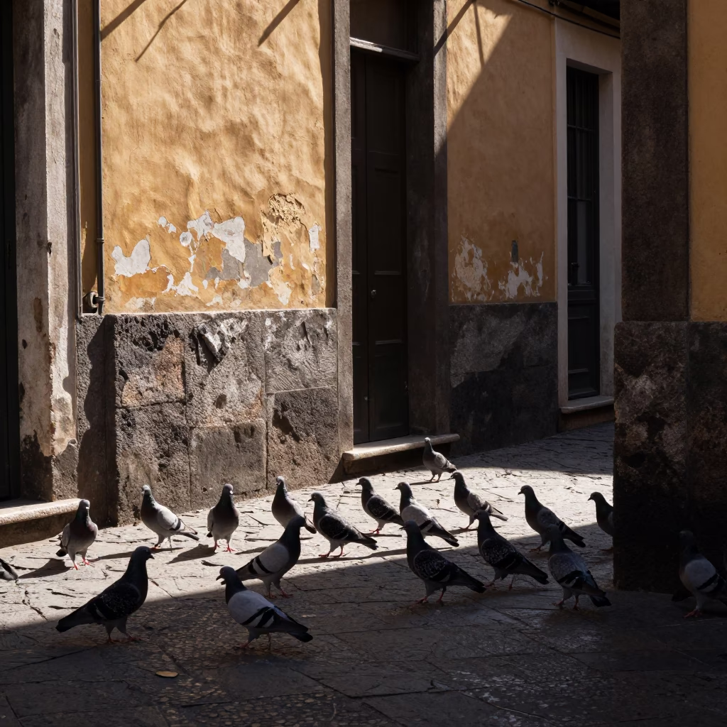 Late Afternoon Naples Street Scene with Pigeons and Stone Architecture in in Naples, Italy